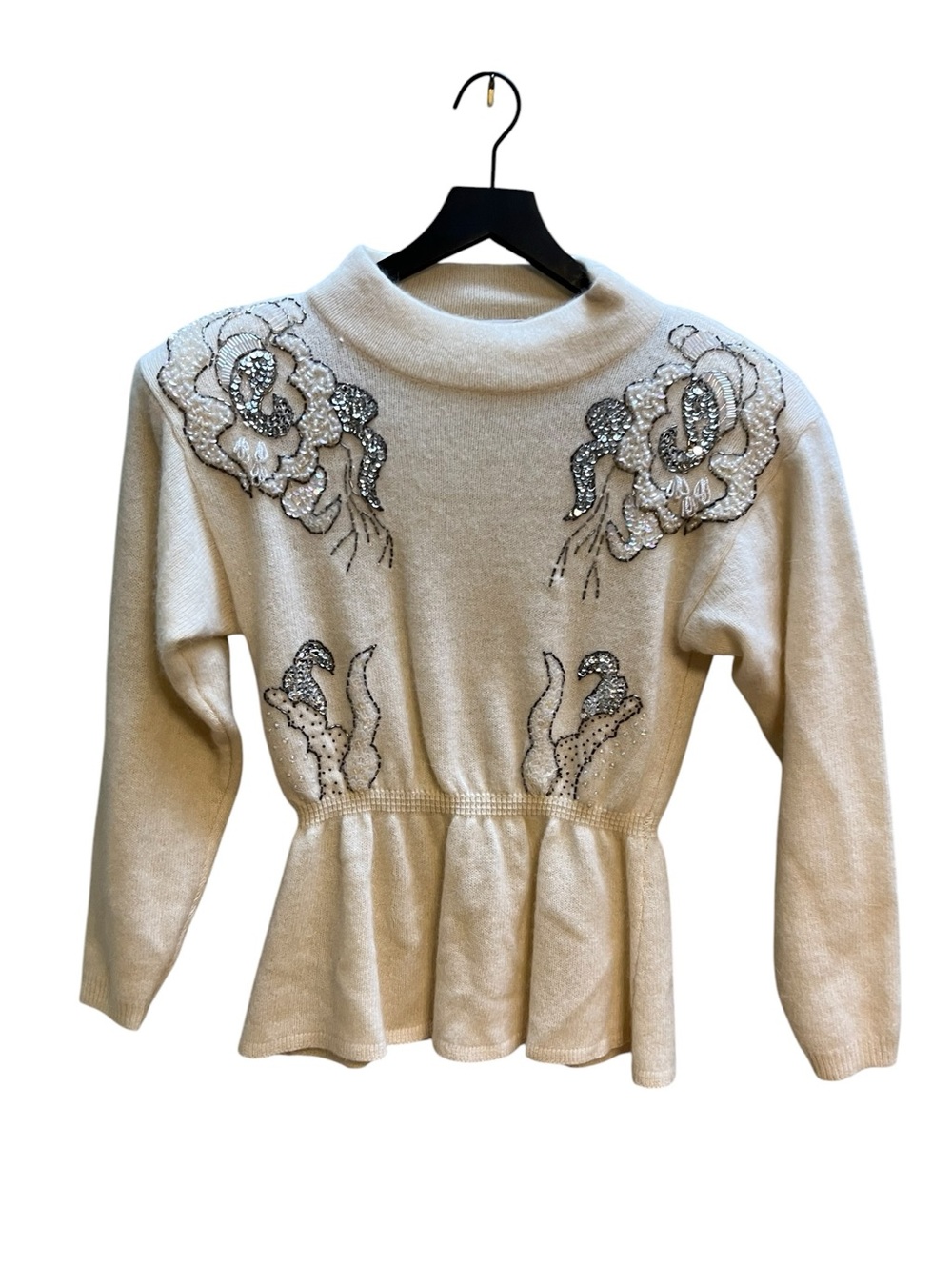 Vintage Beaded Ivory Peplum Sweater beaded sweater with shoulder pads